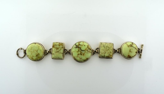 Sterling Silver 7.5” Bracelet with Five Large Veined Lemon Chrysoprase Cabochons
