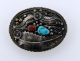 Native American Pawn Silver , Turquoise and Carnelian Belt Buckle