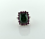 Sterling Silver Ring with Large Central Green Tourmaline Surrounded by Pink Lab Sapphires, Size 6.75