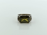Sterling Silver Ring with Large Olive Green Stone, Size 7