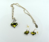 Eric Andrews 18” Sterling Chain Necklace with Green Stone Pendant and Matching Earrings