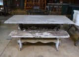 Chalk Painted Weather Distressed Outdoor Wooden Trestle Dining Table with Matching Trestle Benches