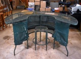 Semicircular Green Enameled Metal Outdoor Bar with Matching Barkeep's Stool, Nylon Bar Wrap