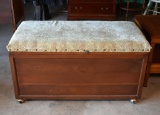 Walnut Case Cedar Chest on Caster Feet with Padded & Upholstered Top