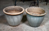 Pair of Light Green-Gray Glazed Stoneware Jardinieres
