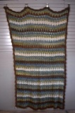 Vintage Crocheted Throw with Brown, Green, Blue Stripes