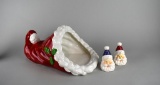 Large Ceramic Santa Hat Cornucopia with Salt / Pepper Shakers