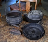 Lot of Vintage Cast Iron Skillets, Kettle, Pot, & Clothes Iron