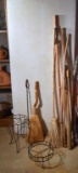 Lot of Outside Brooms, Walking Sticks, Rain Stick, & Plant Racks, Fireplace Items
