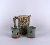 Ceramic Tree Bark Textured Pitcher & Pair of Studio Art Pottery Tea Lights