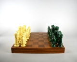Green & Cream Ceramic Chess Pieces & Wooden Chess Board Box