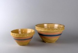 Two McCoy Yellow Ware Blue & Pink Striped Mixing Bowls