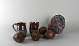 Lot of Seven Pieces of Autumnal Pottery & Ceramic Pieces: Mugs, Canister, Acorns