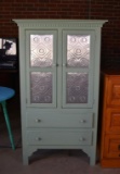 Contemporary Light Green Chalk Painted Pie Safe with Punched Tin Door Inserts