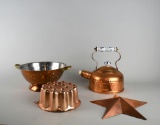 Lot of Four Copper Kitchen Ware: Kettle, Colander, Mold, & Star