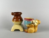 Two Vintage Planters: Pot Bellied Stove & Squirrel with Acorn