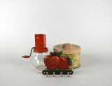 Lot of Vintage Kitchen Items: Nut Grinder, Key Rack, Decorative Tin