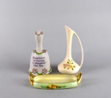 Lot of Three Ceramic Decor Pieces: Music Box Bell, Vase, Noritake Trinket Tray