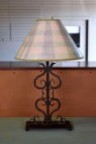 Bronze Finish Wrought Metal Table Lamp with Light Green Plaid, Cream & Tan Shade