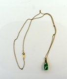 Double Green Sapphire, Diamond and 10K Gold Pendant on 10K Gold 18” Chain