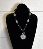 Silver, Jade and Serpentine Bead 18” Necklace with Jade Flower Pendant