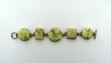 Sterling Silver 7.5” Bracelet with Five Large Veined Lemon Chrysoprase Cabochons