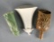 Lot of Three Vintage Earthenware Wall Pockets with Floral Themes: Green, White, Brown