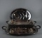 Lot of Four Silver Plated & Glass Serving Pieces: Meat Platters, Divided Dish, & Footed Chafing Dish