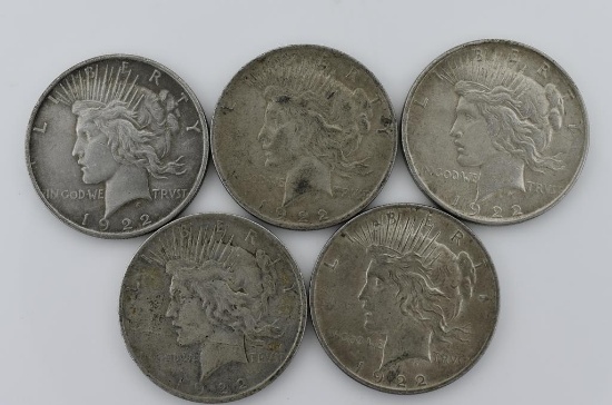 Five Circulated 1922 Morgan Silver Dollars