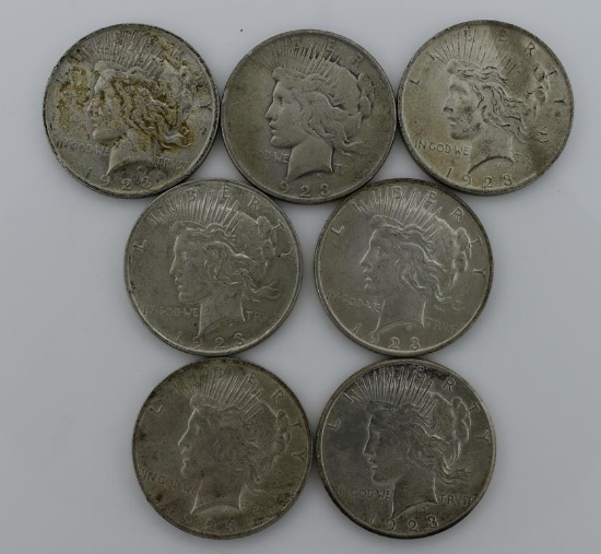 Seven Circulated Morgan Silver Dollars—1923 (5), 1923-D & 1923-S