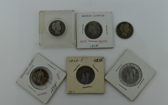 Lot Six Silver Barber or Liberty Standing Quarters—1899, 1910, 1915-D, 1929 (2), 1930