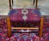 Vintage Wooden Footstool with Native American Style Upholstery