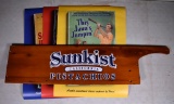 Wooden Sunkist California Pistachios Advertisement Sign & 3 Torani Syrup Mid-Century Advert. Posters