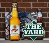 Lot of 3 Metal Advertisement Signs: Panthers Stadium, “The Yard” Stadium Sign & Two Miller Beverages