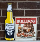 Lot of Two Metal Beverage Advertisement Signs: Mexican Corona & Canadian Bulldog