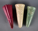 Lot of Three Vintage Earthenware Wall Pockets: Pink, White, Green