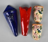 Lot of Four Earthenware Wall Pockets: Blue, Red, & Pair of Bird on Vines