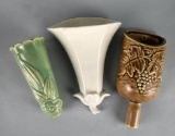 Lot of Three Vintage Earthenware Wall Pockets with Floral Themes: Green, White, Brown