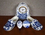 Lot of Five Holland Delft Blue & White Pieces: Desk Clock, Clogs, & Ornaments