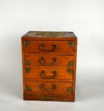 Vintage Wooden Campaign Style Four-Drawer Jewelry Chest / Box with Brass Fittings, Japan