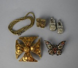 Five Piece Lot of Vintage Costume Jewelry: Earrings, Chain, Pendant, & Brooch