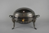 Ornate Silver Plated Roll Top Chafing Dish with Inserts Ram's Head and Hoof Motif on Legs