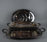 Lot of Four Silver Plated & Glass Serving Pieces: Meat Platters, Divided Dish, & Footed Chafing Dish