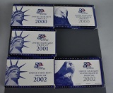 One 2000-S, One 2000-S Quarters, One 2001-S, One 2002-S & One 2002-S Quarters US Mint Proof Sets