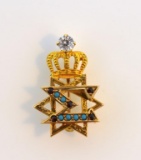 10K Gold Pin with White Topaz Solitaire, Red Garnets and Blue Turquoise Cabochons