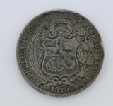 1870 Lima, Peru Republic Decimal Un Sol Milled Silver Coin