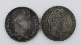 Two France 5 Francs Silver Coins: 1810A, Paris, Cock Privy Mark & 1837BB, Strasbourg, Bee Privy Mark
