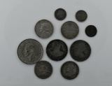Lot of 10 Foreign Silver & Numismatic Coins: Britain, Canada, Panama, Spain, Switzerland