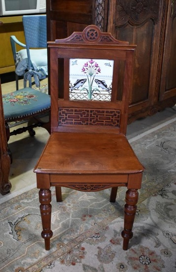 Antique Chinese Chippendale Walnut Hall Chair with Large Tile Inset in Back