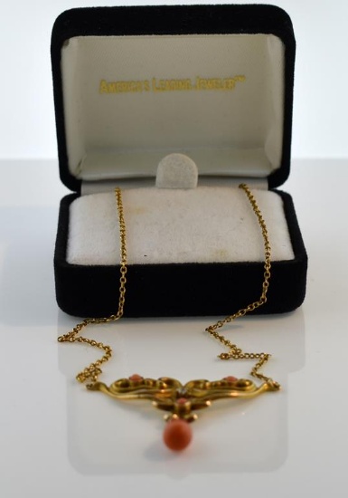 10K Gold, Coral and Diamond Pendant 14” Necklace